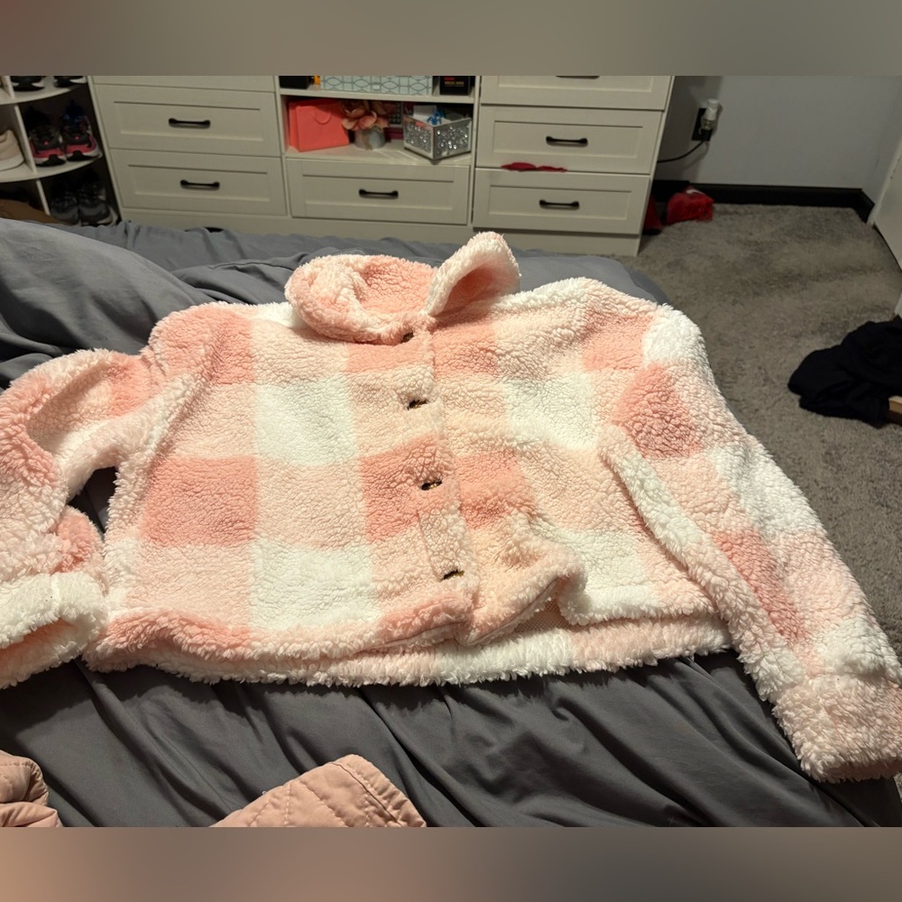 Pink and White Plaid Sherpa Jacket- NWOT